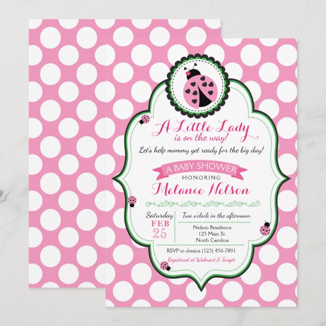 Ladybug Baby Shower-inbjudan ・ Lite Nyckelpiga Inbjudningar (Fram/baksida)