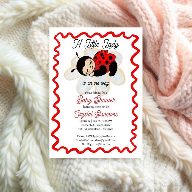 Ladybug babydusch söt kryp lilla dam inbjudningar (Ladybug red wavy border baby shower invitation template cute sleepy bug little lady invite)