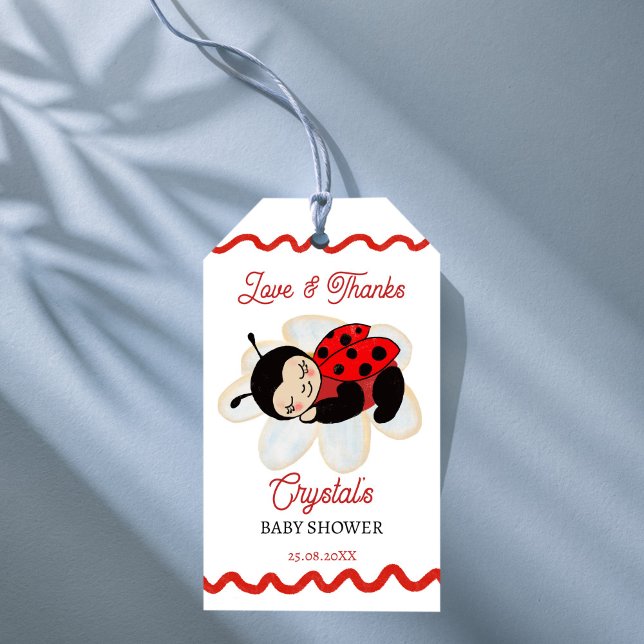 Ladybug babyduschförmån presentetikett (Ladybug baby shower customized thank you favor gift tags cute ladybug on a daisy favor tags)