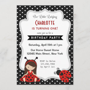 Ladybug Birthday Inbjudan Black Red Polka dots