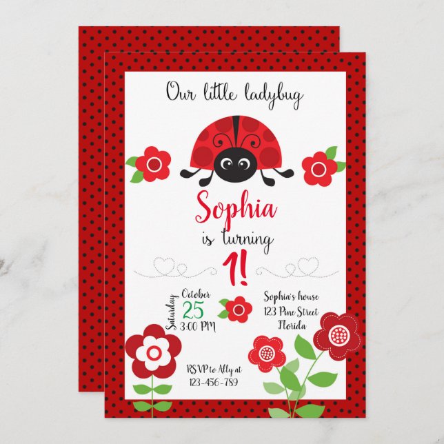 Ladybug Birthday Invitation, Ladybug Invitation Inbjudningar (Fram/baksida)