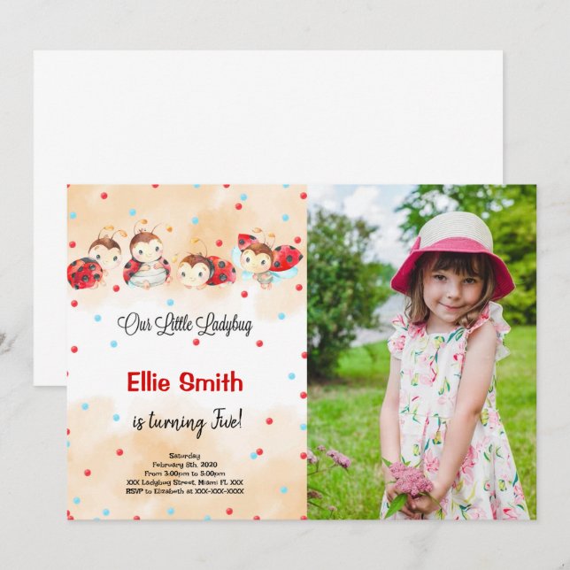 Ladybug Birthday Photo-inbjudan Inbjudningar (Fram/baksida)
