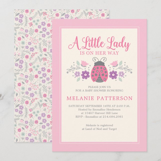 Ladybug Cute Rosa Blommigt Girl Baby Shower Inbjudningar (Fram/baksida)