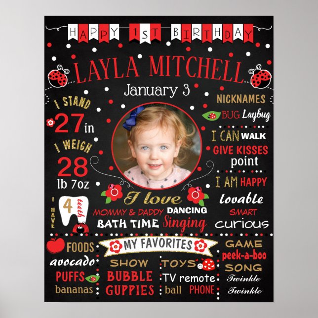 Ladybug First Birthday chalkboard-skylt Poster (Framsidan)