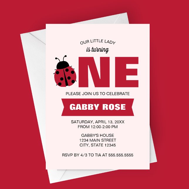 Ladybug First Birthday Invitation Inbjudningar (Our Little Lady Is Turning One | Love Bug First Birthday | Garden Spring Birthday Party Invitation)