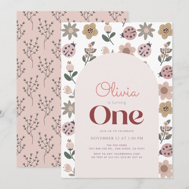 Ladybug & Flower Mönster Arch 1:a födelsedagen Inbjudningar (Fram/baksida)