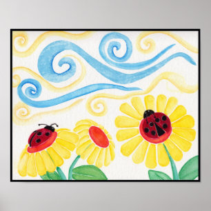 Ladybug & Flowers Watercolor Skriv ut Poster