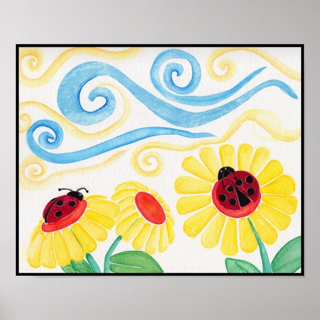 Ladybug & Flowers Watercolor Skriv ut Poster (Framsidan)