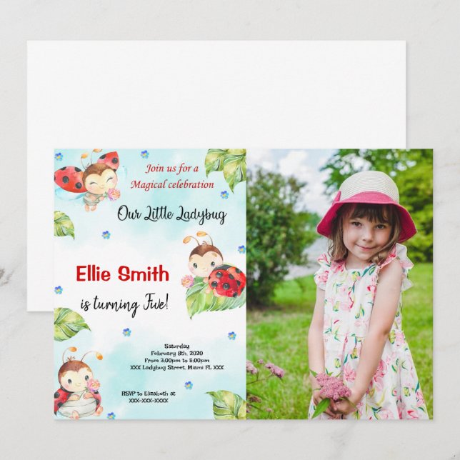Ladybug-fotoinbjudan för Vatten Färg Inbjudningar (Fram/baksida)