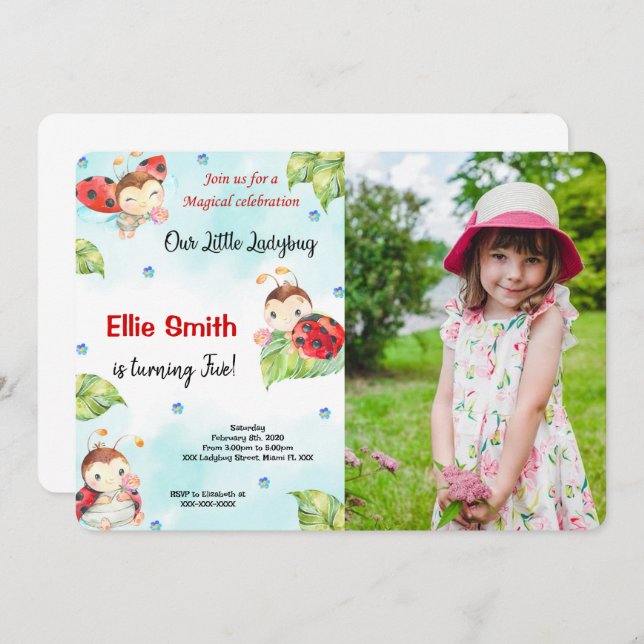 Ladybug-fotoinbjudan för Vatten Färg Inbjudningar (Fram/baksida)