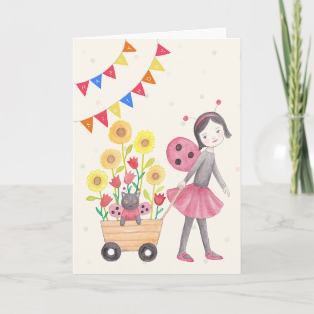 Ladybug Girl & Cat Sunblommor Cute Birthday Card Kort (Framsida)