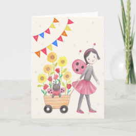 Ladybug Girl & Cat Sunblommor Cute Birthday Card Kort