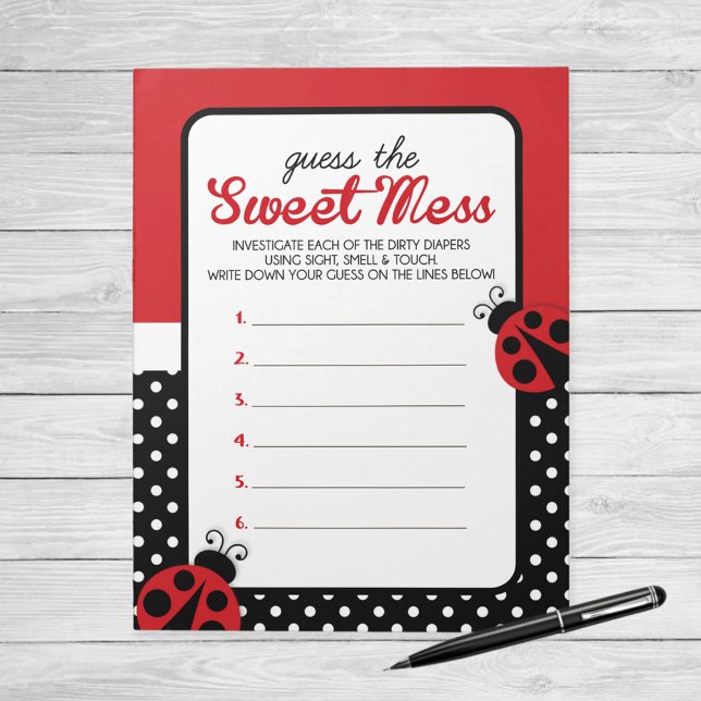 Ladybug gissar det  svaret på det svenska spelet anteckningsblock (Ladybug Guess the Sweet Mess Baby Shower Game)