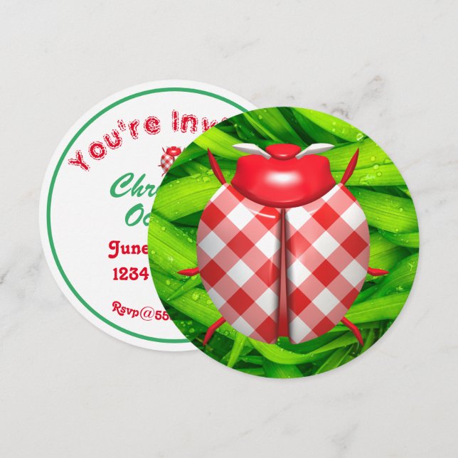 Ladybug-gräs gingham-check söt vit grönt inbjudningar (Fram/baksida)