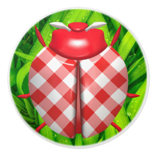 Ladybug-gräs gingham kolla söt röd grönt vit knopp