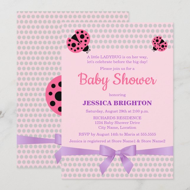 Ladybug i Rosa och Lavender Ribbon Baby Shower Inbjudningar (Fram/baksida)