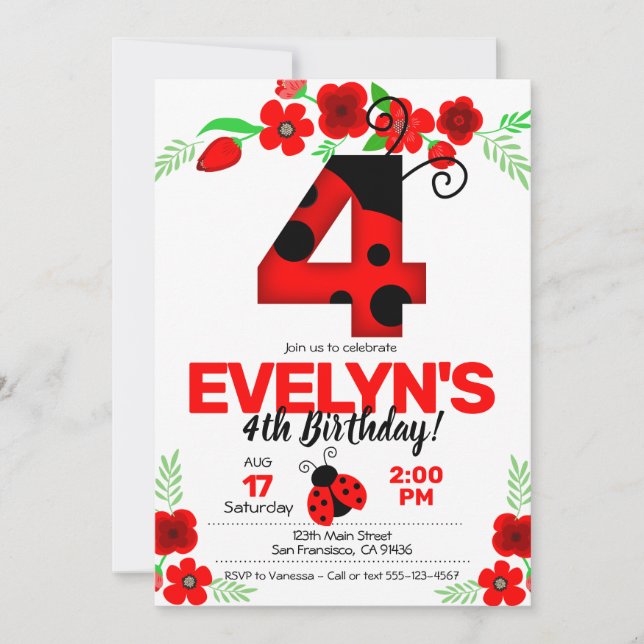 Ladybug-inbjudan för 4e födelsedagen inbjudningar (Framsida)
