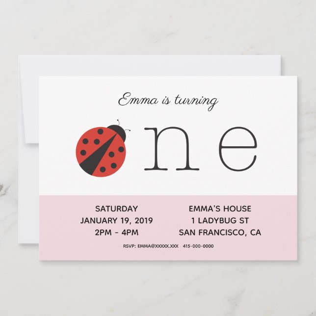 Ladybug inbjudan om första födelsedag på rosa (Framsida)