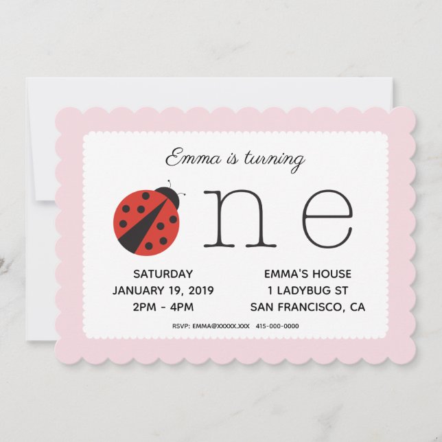 Ladybug inbjudan om första födelsedag på rosa (Framsida)