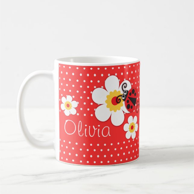 Ladybug/ladybird red gult white girl namn kaffemugg (Vänster)