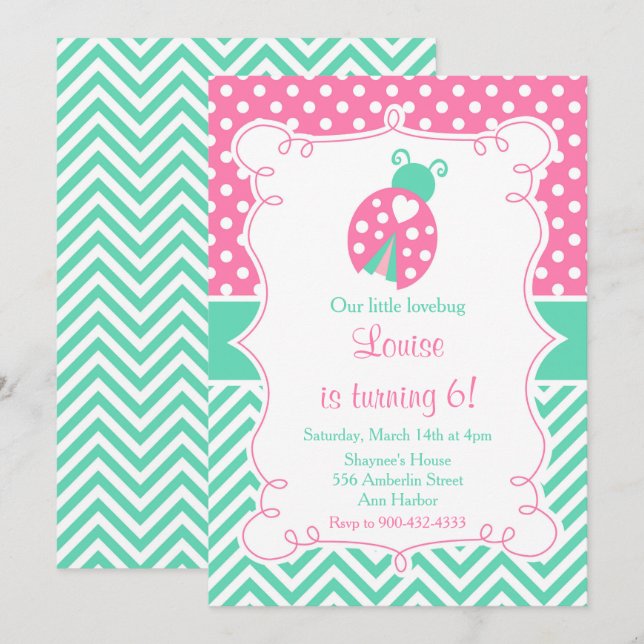 Ladybug Ladybird Rosa Födelsedagsfest Inbjudningar (Fram/baksida)