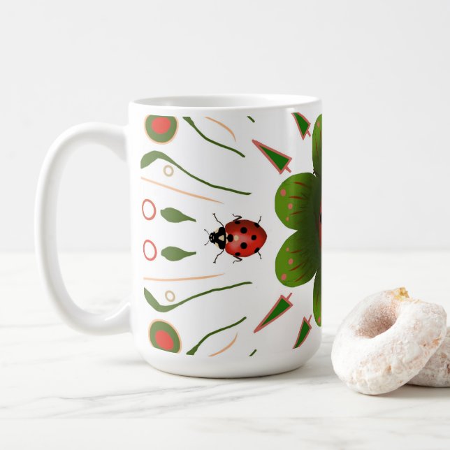 Ladybug - med rött, grönt på vitt kaffemugg (Med munk)
