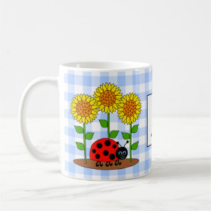 Ladybug med Sunblommor Blue Gingham Monogram Kaffemugg