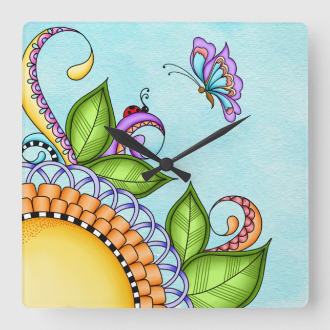 Ladybug och Butterfly Doodle Flower Fyrkantig Klocka (Framsida)