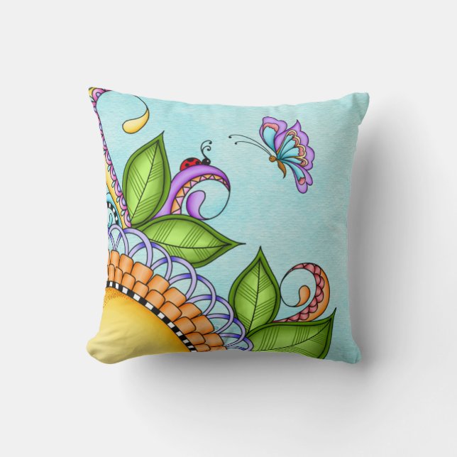 Ladybug och Butterfly Doodle Flower Kudde (Framsida)