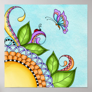 Ladybug och Butterfly Doodle Flower Poster