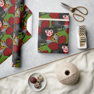 Ladybug och solblommor-Diagonal-Grönt- Presentpapper