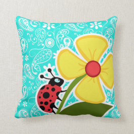 Ladybug on Aqua Färg Paisley; Blommigt Kudde