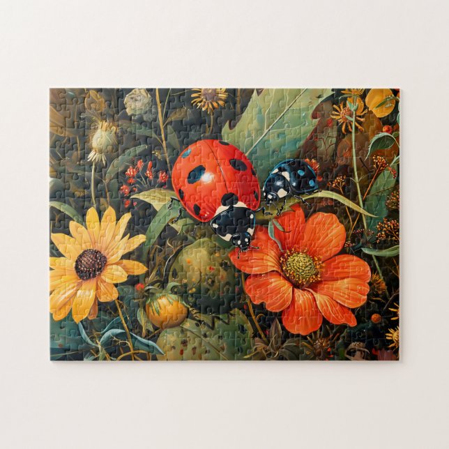 Ladybug på en enkel bild av Dahlia Bloom Pussel (Horisontell)