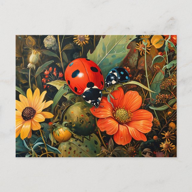 Ladybug på en enkel bild av Dahlia Bloom Vykort (Framsida)