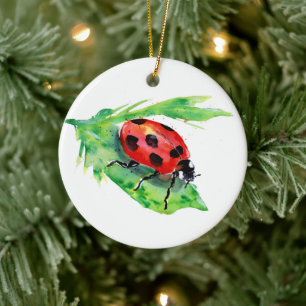 Ladybug på en Grönt Löv Julgransprydnad Keramik