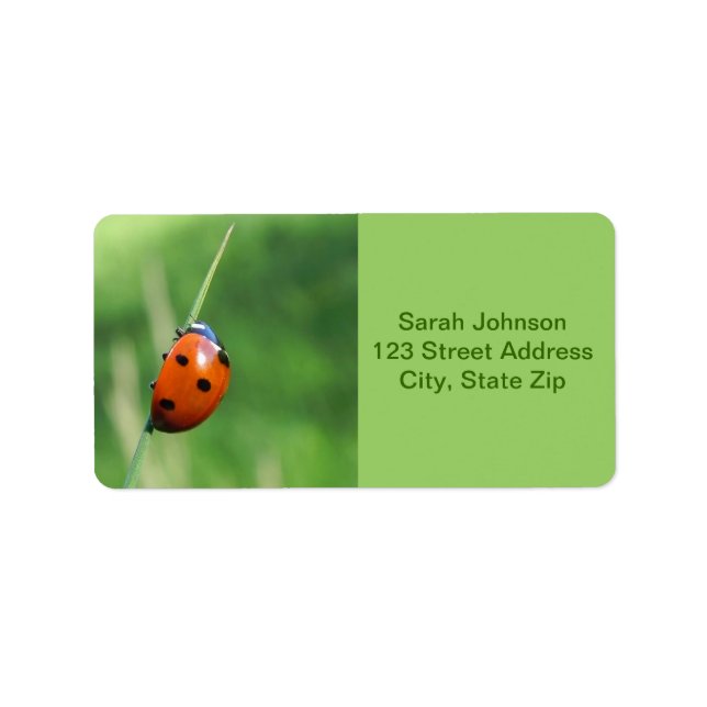 Ladybug på ett blad med gräsetiketter adressetikett (Framsidan)