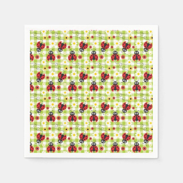 Ladybug Picnic Red Grönt Gingham Summer Pappersservett (Framsidan)