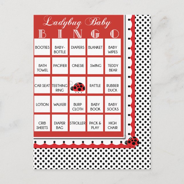 Ladybug Polkadots Baby Shower Bingo Card 1 Inbjudan Vykort (Framsida)