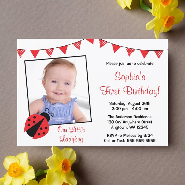 Ladybug Red Black Photo Birthday-inbjudningar Inbjudningar (Skapare uppladdad)