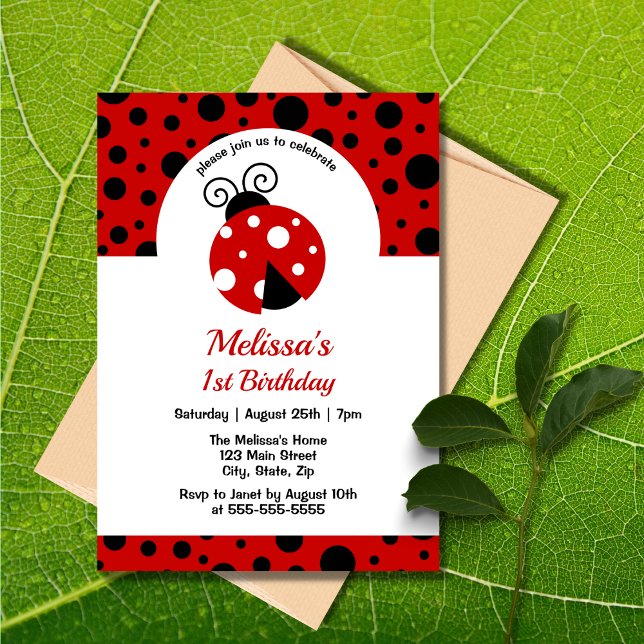 Ladybug Red Black Polka dots Barns födelsedag Inbjudningar (Skapare uppladdad)