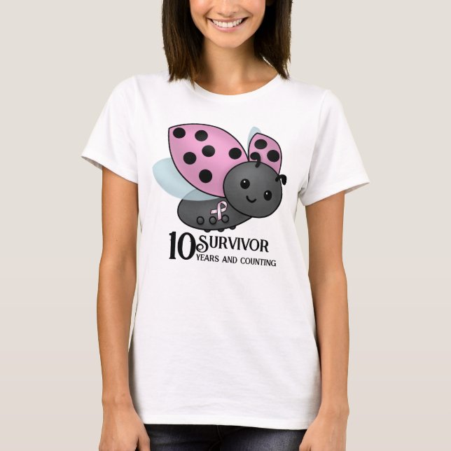 Ladybug Rosa Awareness Ribbon 10-årig överlevnad T T Shirt (Framsida)