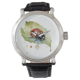 Ladybug sitta på löv i vibrerande vatten färg armbandsur