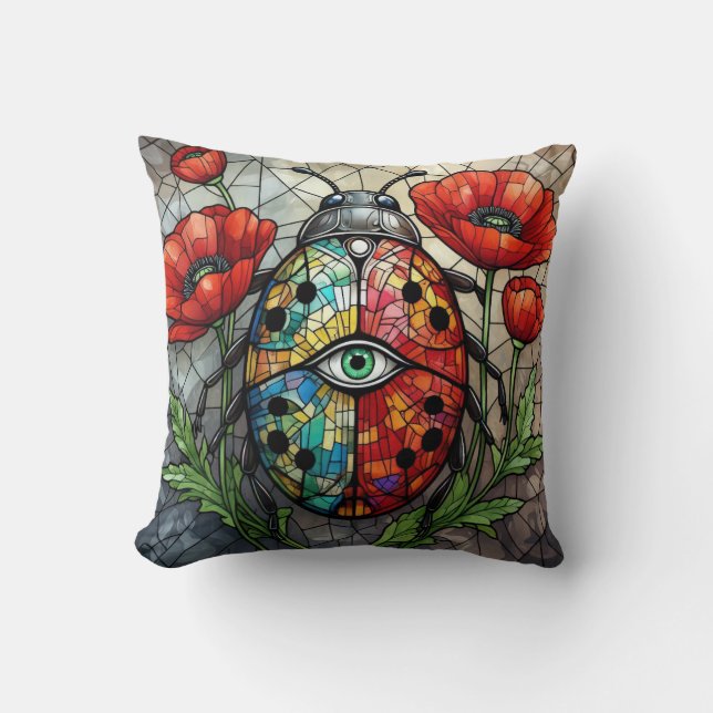 Ladybug stained glass vibrant poppy flower insect  kudde (Framsida)