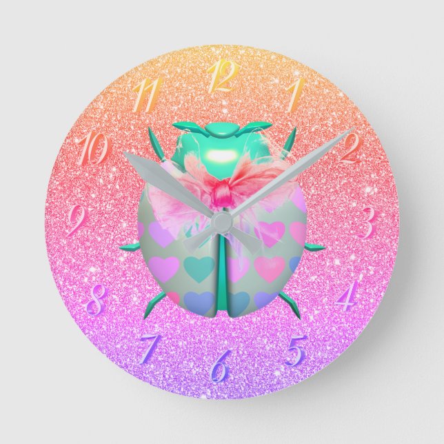 Ladybug vackra hjärtan söta glitter rund klocka (Framsida)
