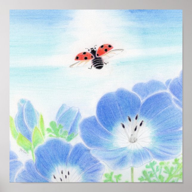 Ladybug Vår Blå Blomma Nemophila Plantskola Konst Poster (Framsidan)