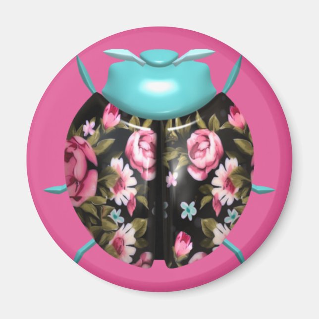 Ladybug victorian blommigt chintz rosa black blue magnet (Framsidan)
