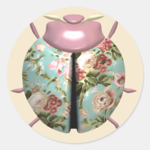 Ladybug victorian blommigt chintz rosa blue söt runt klistermärke