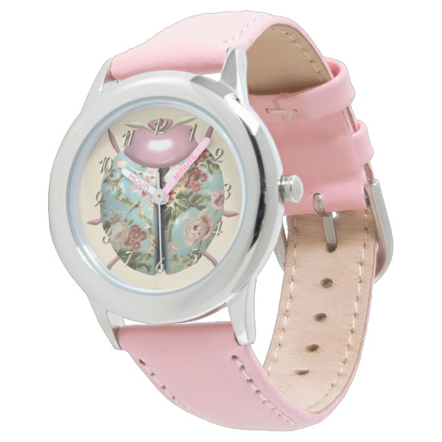 Ladybug victorian blommigt ro gullig armbandsur (Vinklad)