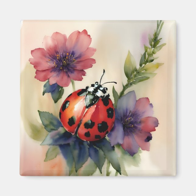 Ladybug Watercolor Botanical Blommigt Art Magnet (Framsidan)