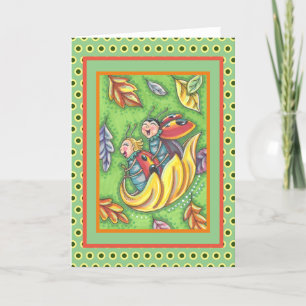 LADYBUGER SOM RIDER PÅ HÖST LÖV, ROLIGT KRYP TACK KORT